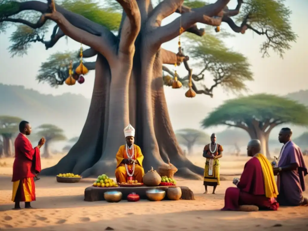 Ceremonia sagrada de sacerdotes Yoruba bajo un baobab, capturando la esencia de las religiones tradicionales africanas creencias