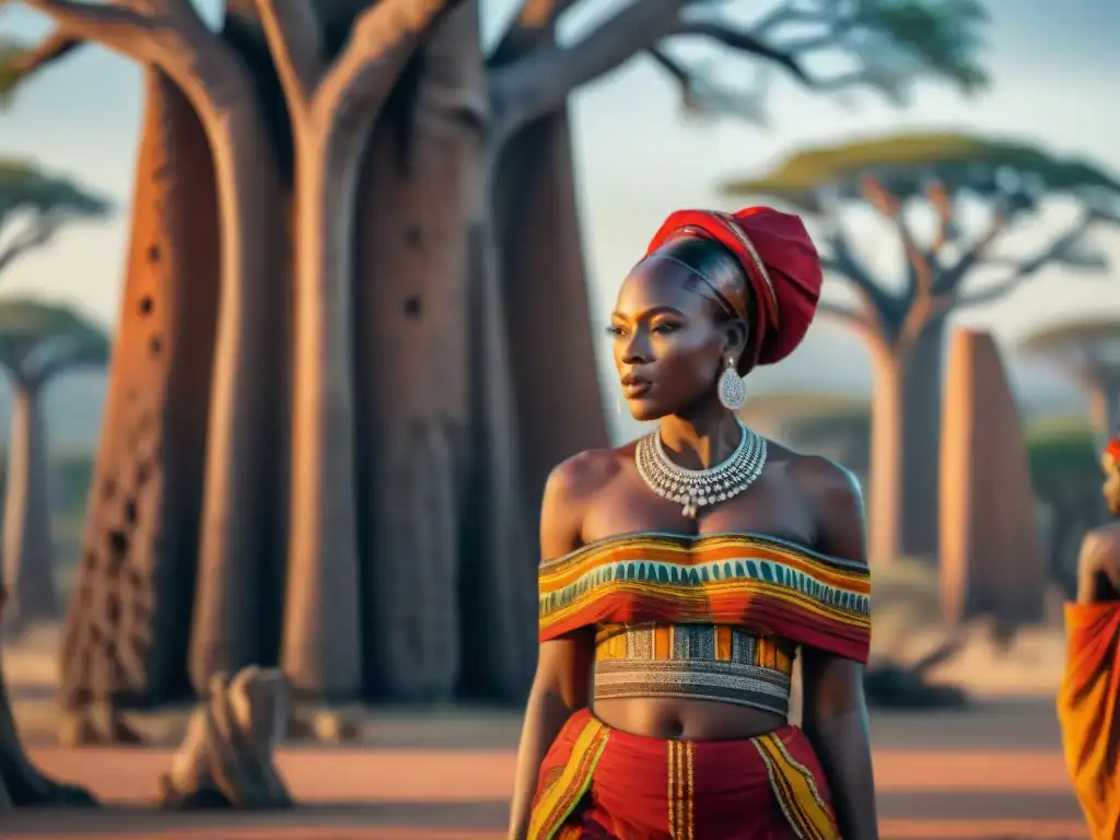 Ceremonia sagrada de Divinidad Femenina en África: mujeres africanas danzando en el claro del sol entre baobabs