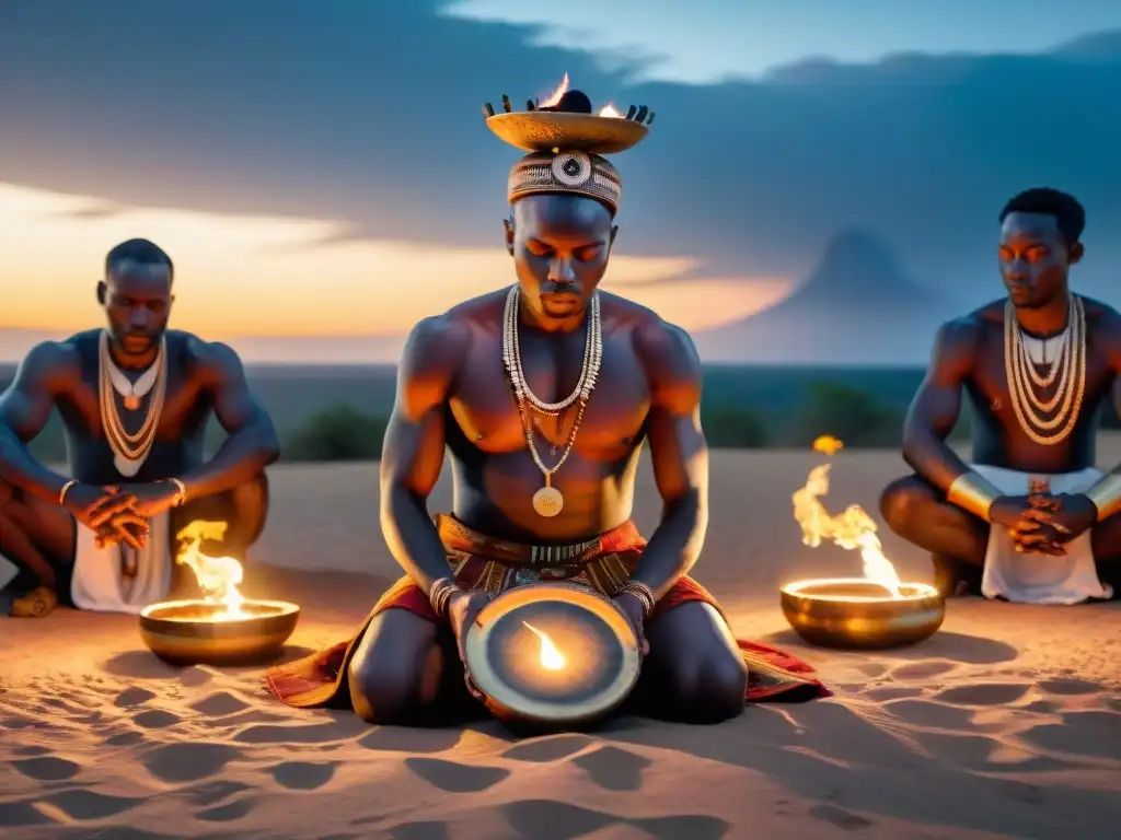 Una ceremonia sagrada de prácticas religiosas africanas en la oscuridad, bajo la luna y antorchas, muestra la resistencia a la opresión