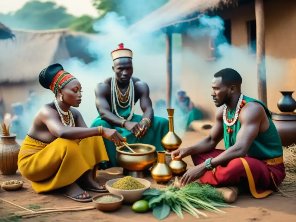 Ceremonia de sanación africana tradicional con hierbas medicinales y curanderos en un pueblo rural