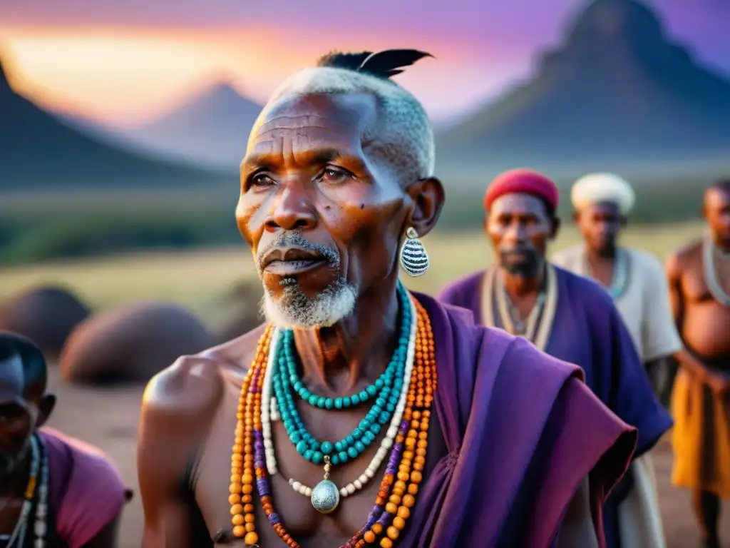 Ceremonia de sanación ancestral en civilizaciones africanas alrededor de una fogata al atardecer