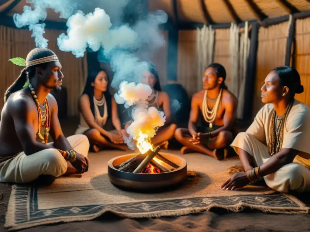 Ceremonia de sanación con cannabis en África, curanderos indígenas reunidos alrededor del fuego en una cabaña iluminada tenuemente