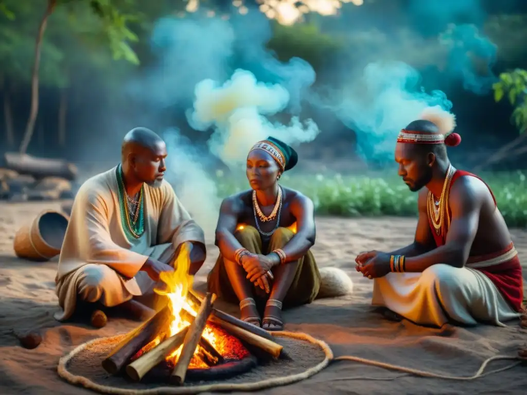 Ceremonia de sanación con curanderos tradicionales de la diáspora africana alrededor de una fogata en la noche