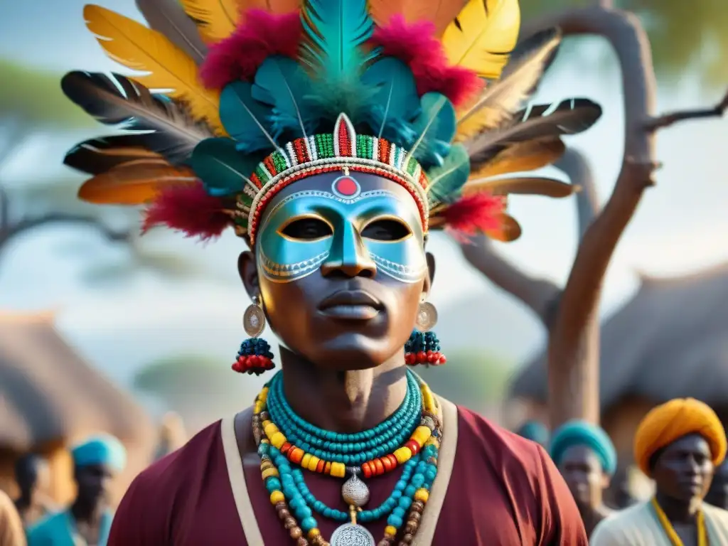 Ceremonia de sanación espiritual en África: Máscara tallada con cuentas y plumas, curandero y grupo bajo un baobab