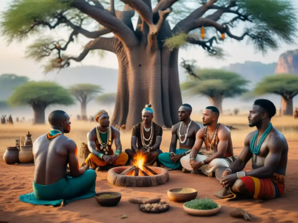 Ceremonia de sanación con medicina tradicional de tribus africanas bajo un baobab ancestral