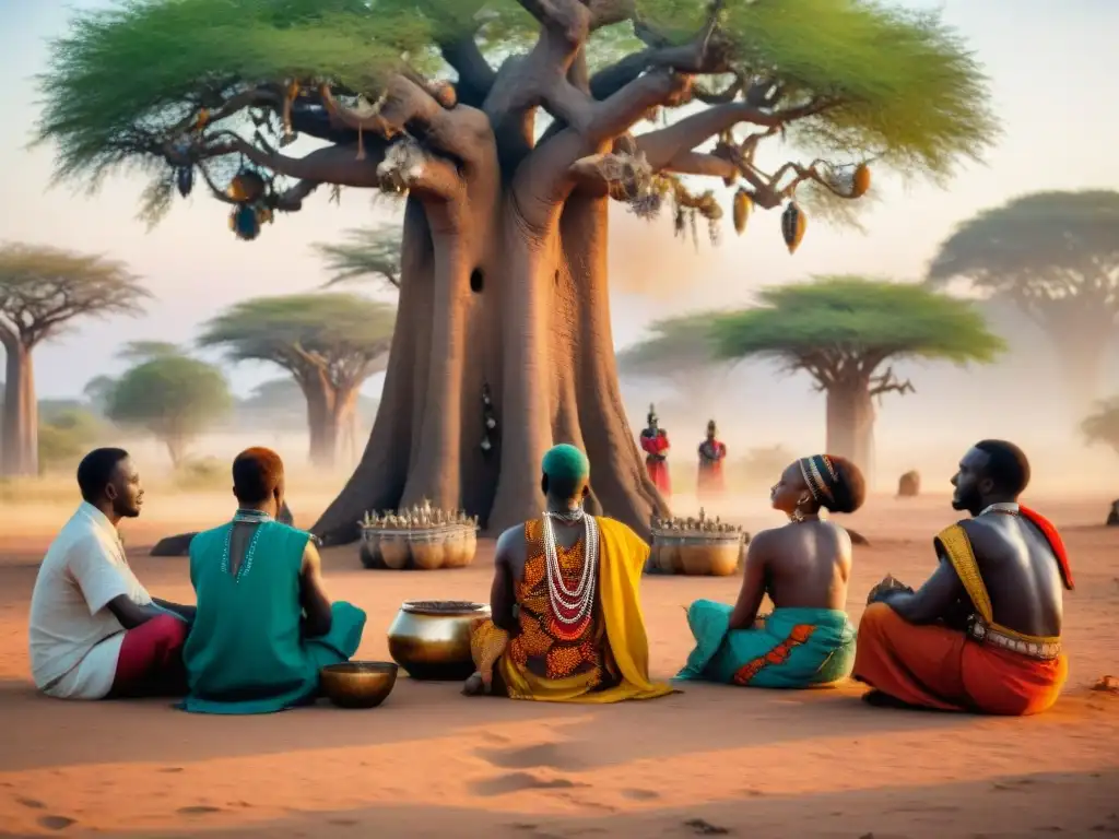 Ceremonia de sanación con Medicina tradicional africana holística bajo un baobab al atardecer