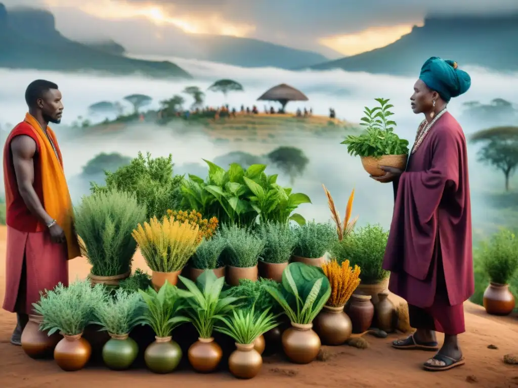 Ceremonia de sanación en África con plantas psicoactivas, curanderos preparan rituales en mercado vibrante