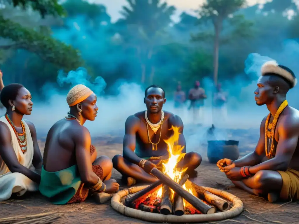 Ceremonia de sanadores tradicionales africanos alrededor de una fogata, influencia ancestral en la ciencia