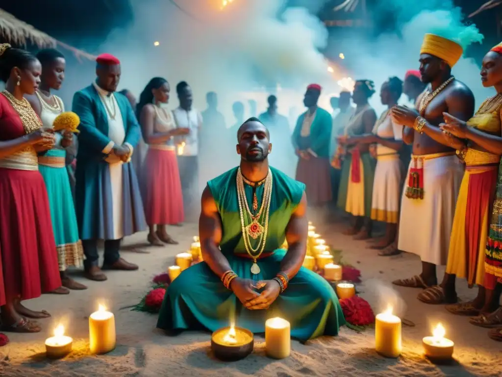 Ceremonia vudú en Haití: sincretismo en rituales africanos religiosos con fieles, velas y ofrendas