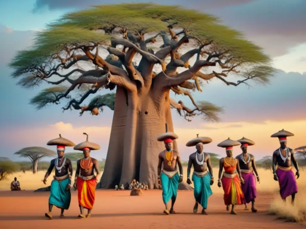 Ceremonia tradicional africana bajo baobab, mostrando prácticas religiosas en África con danzas y atuendos coloridos