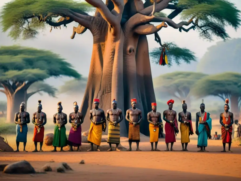 Ceremonia tradicional en una aldea africana bajo un baobab, miembros de distintas castas realizan rituales juntos