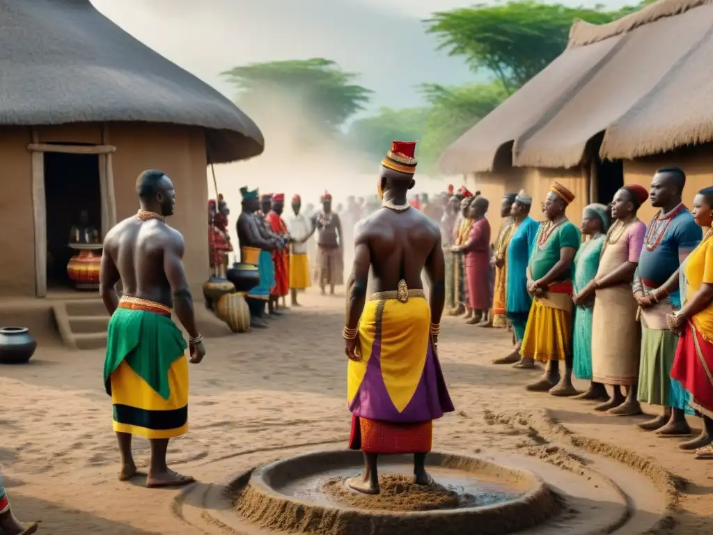 Ceremonia tradicional en una aldea africana, con miembros de distintas castas y colores vibrantes