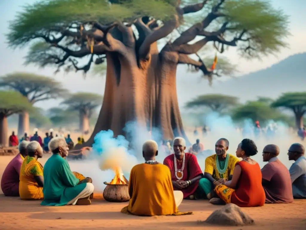 Ceremonia de curación tradicional con ancianos africanos bajo un baobab