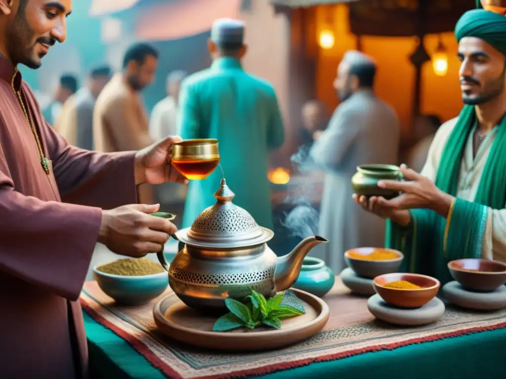 Ceremonia del té en África: Detalle de la tradicional ceremonia del té en un animado mercado marroquí