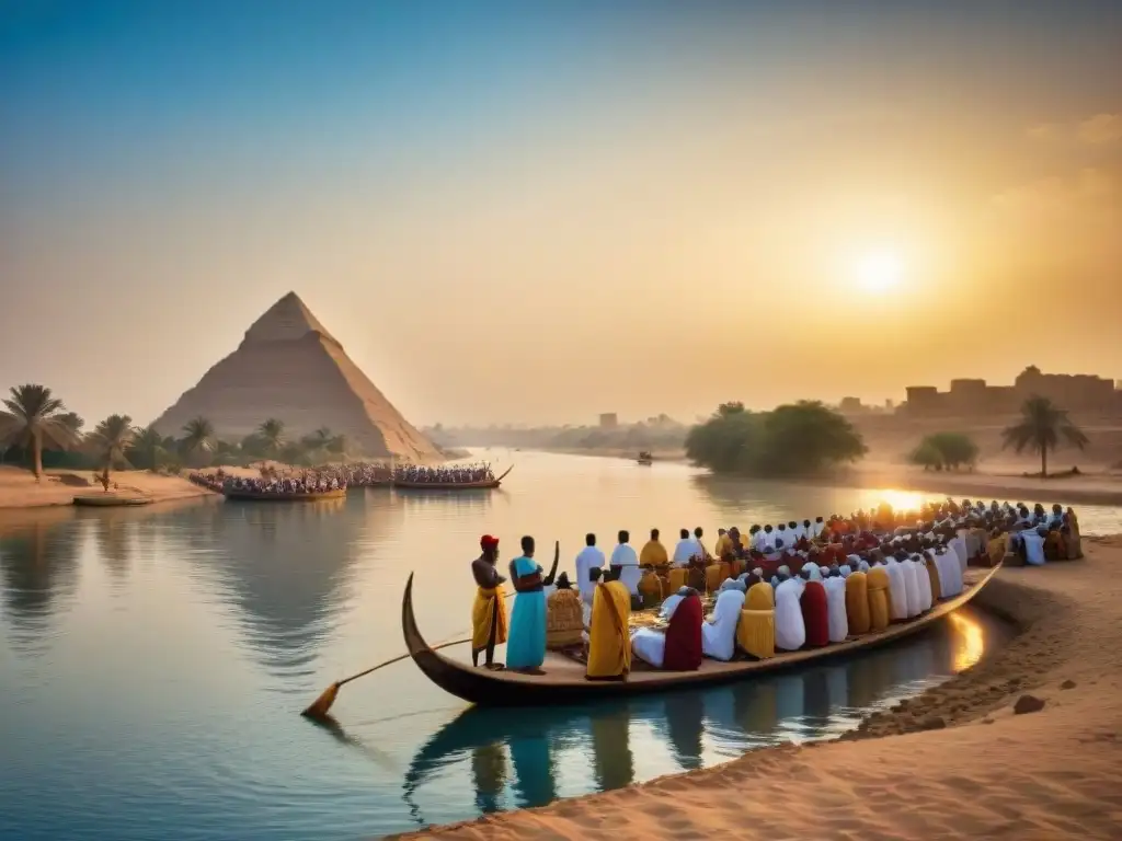 Ceremonia tradicional de Culto al Nilo en Egipto al atardecer, con sacerdotes, músicos y locales honrando al río