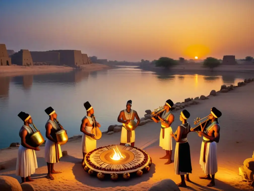 Una ceremonia tradicional de músicos y bailarines nubios a orillas del Nilo al atardecer, evocando la danza y música en Egipto