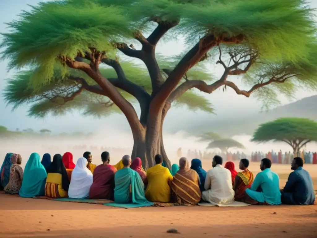 Una ceremonia tradicional en un pueblo somalí, con miembros de diferentes clanes unidos bajo un árbol de acacia