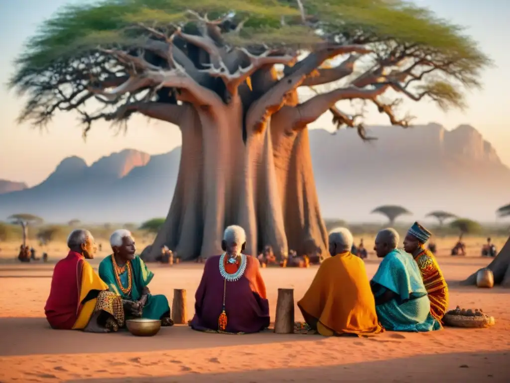 Ceremonia tradicional de sanación con ancianos africanos bajo un baobab