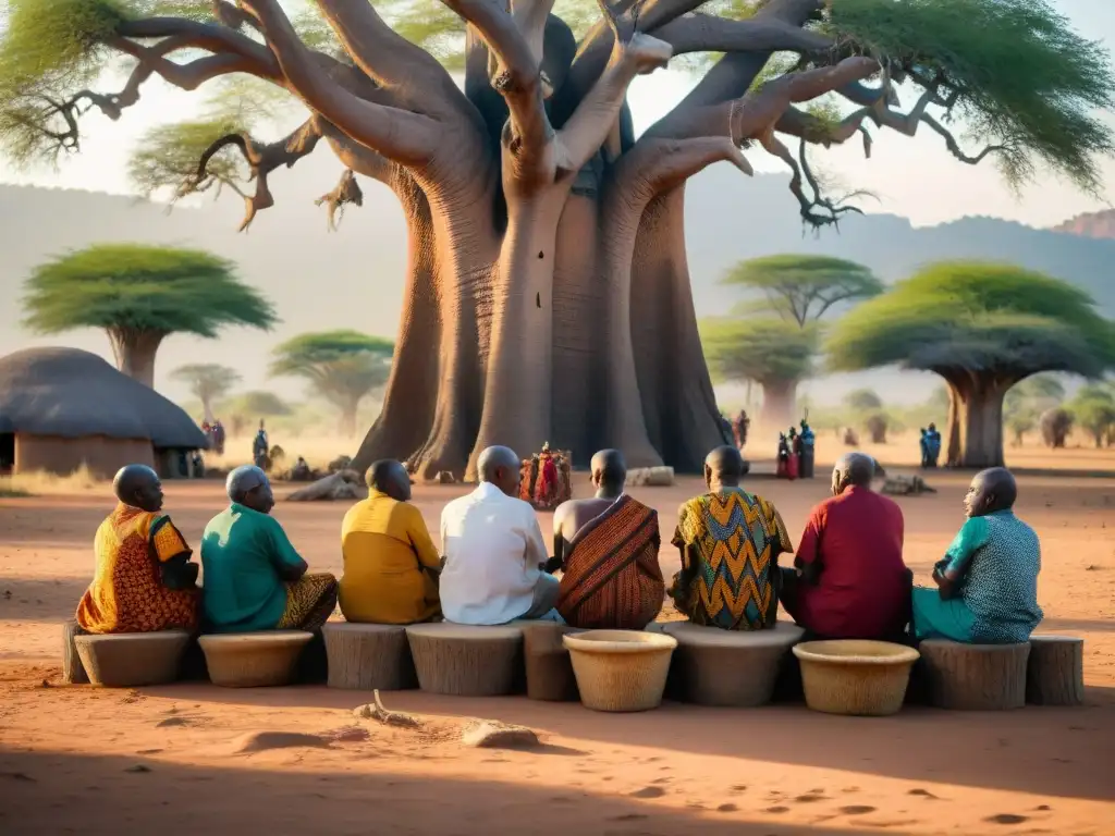 Ceremonia de circuncisión en África bajo baobab: ancianos en tradicionales atuendos y paisaje vibrante