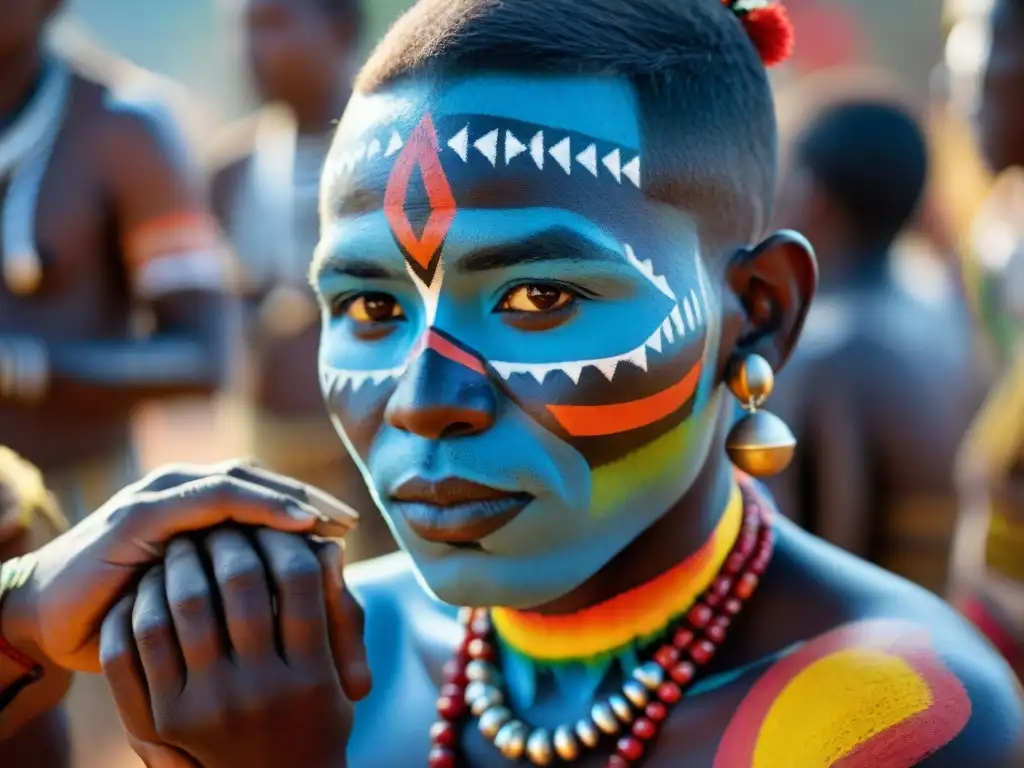 Ceremonia de iniciación tribus africanas: anciano aplica pintura corporal a jóvenes, resaltando tradiciones y colores vibrantes