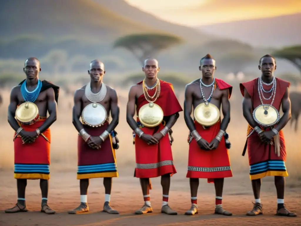 Ceremonia de iniciación de tribus africanas: Jóvenes guerreros Maasai danzando al atardecer con vestimenta tradicional