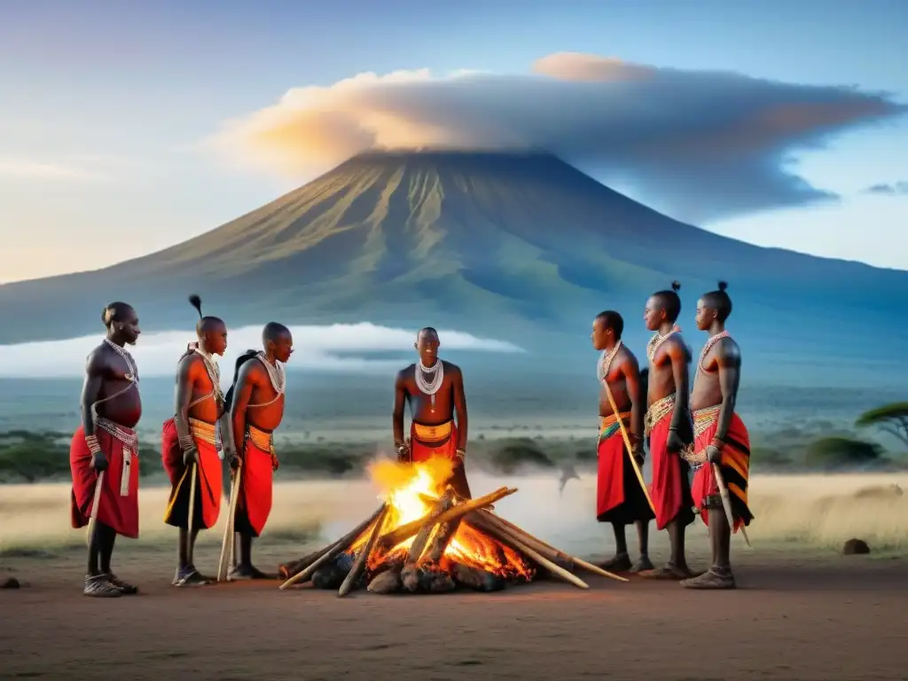 Ceremonia de iniciación de tribus africanas: Jóvenes guerreros maasai danzan alrededor de una fogata bajo el cielo estrellado de Tanzania