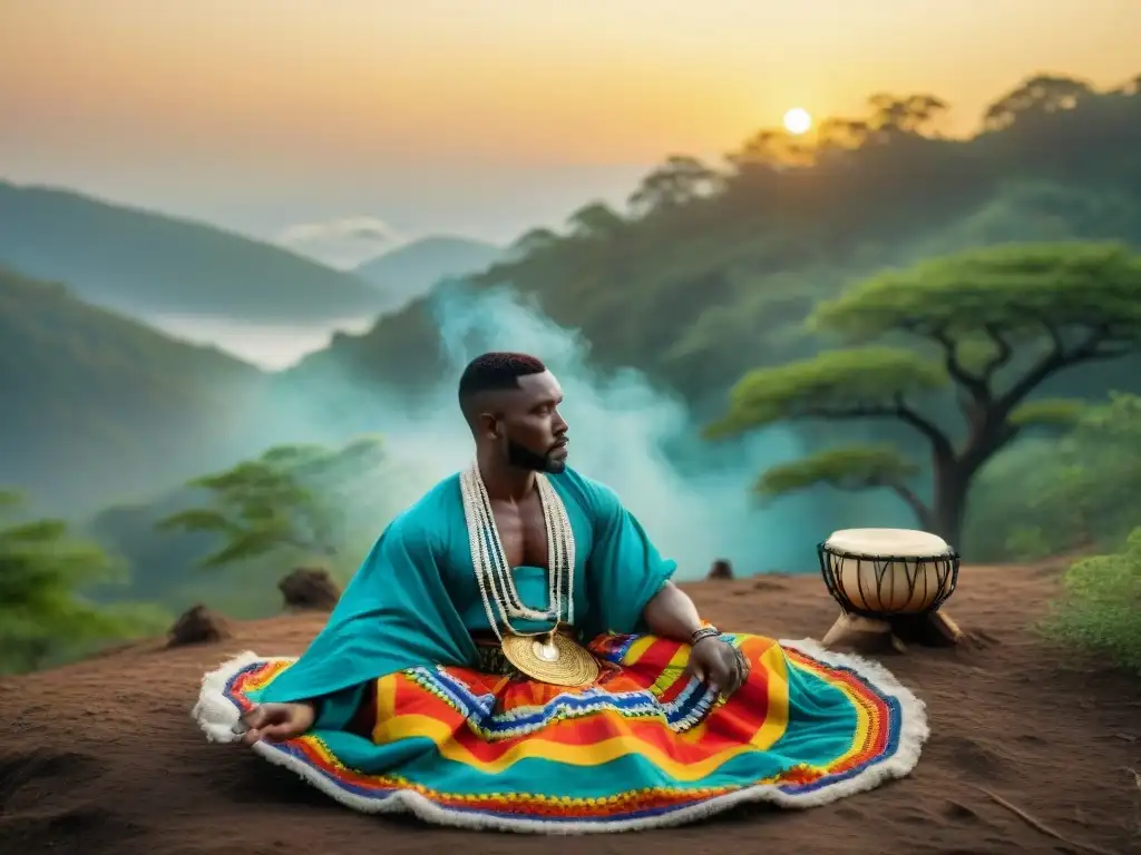 Ceremonia Yoruba vibrante al atardecer en el bosque: renacimiento religiones africanas siglo XXI