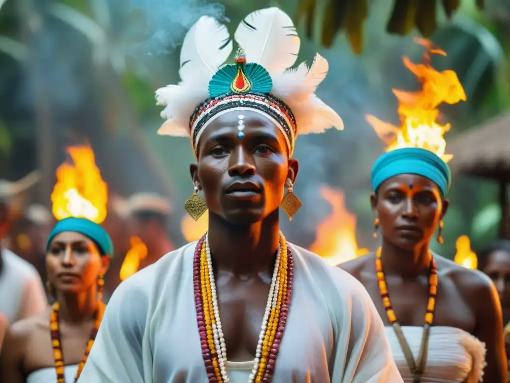 Una ceremonia vibrante de Santería al atardecer en la selva tropical, con prácticas espirituales africanas adaptadas