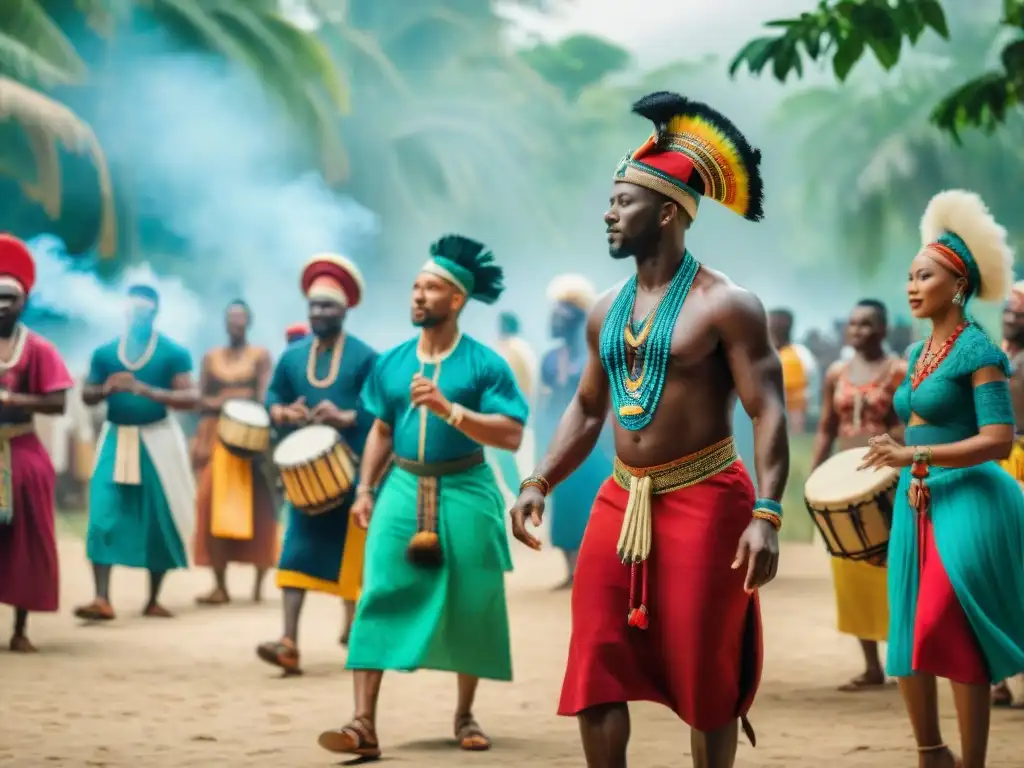 Ceremonia Yoruba vibrante y colorida en entorno tropical, con influencia religiosa diáspora africana