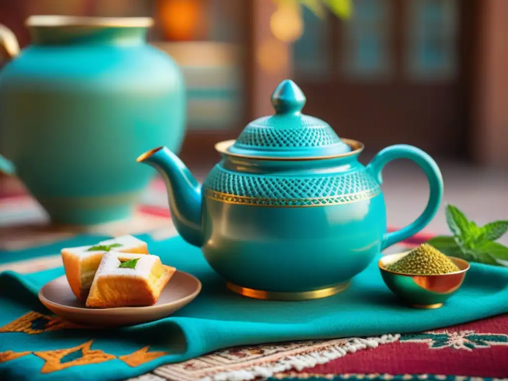 Ceremonia del té en África: Teapot marroquí vibrante con detalles en oro, rodeado de tazas, menta fresca y baklava dorada en un souk bullicioso