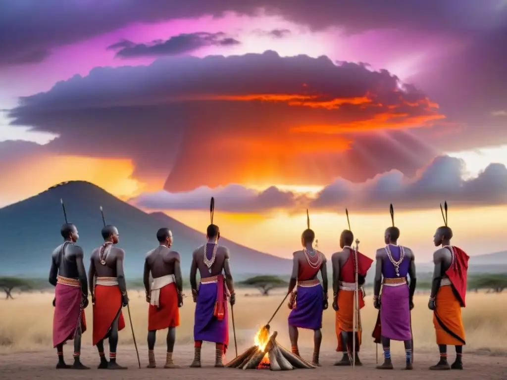 Ceremonias de iniciación tribus africanas: Jóvenes guerreros Maasai reunidos alrededor de una fogata al atardecer en la sabana africana