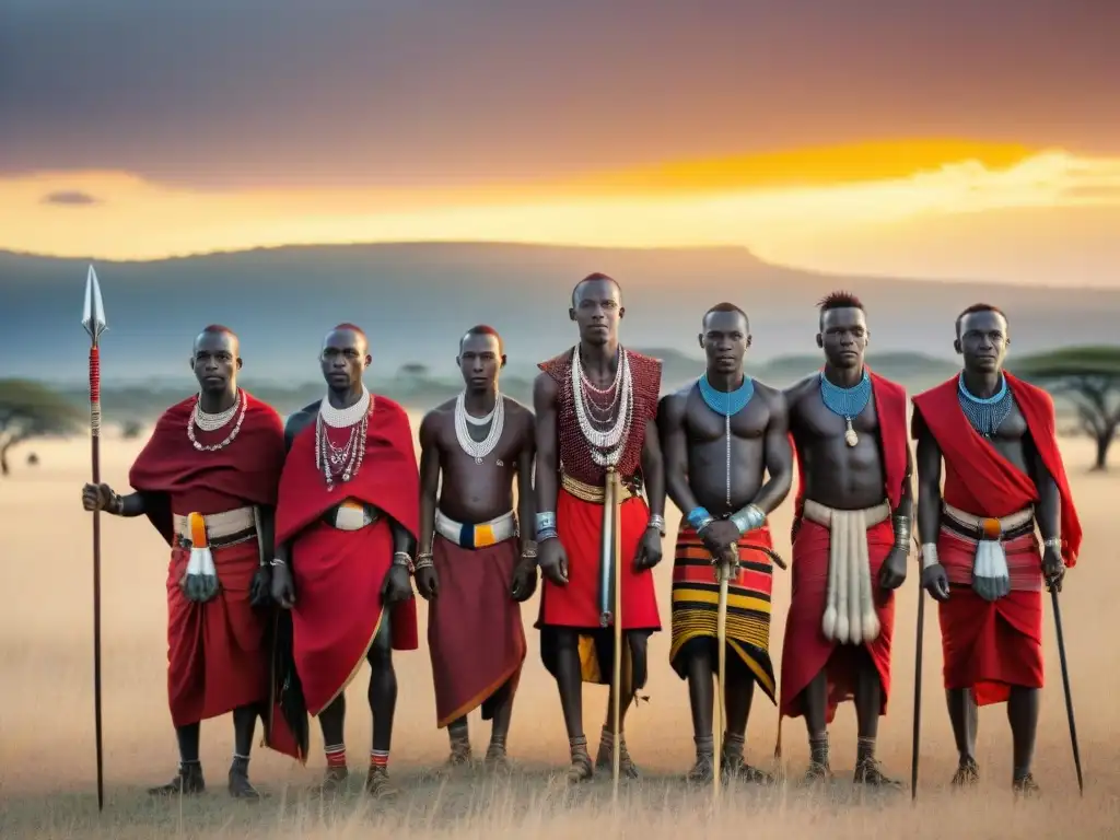 Ceremonias de iniciación tribus africanas: Maasais orgullosos en la sabana al atardecer, portando lanzas y atuendos tradicionales