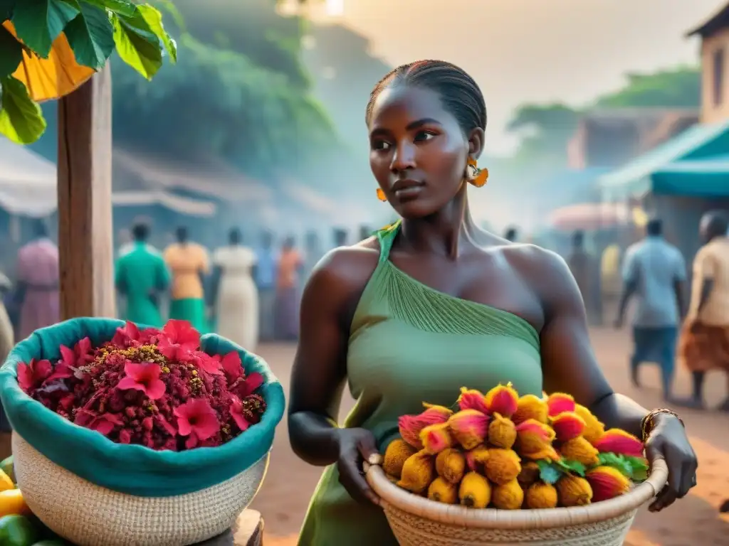 Cesta de frutas y flores africanas con vendedoras en mercado tradicional