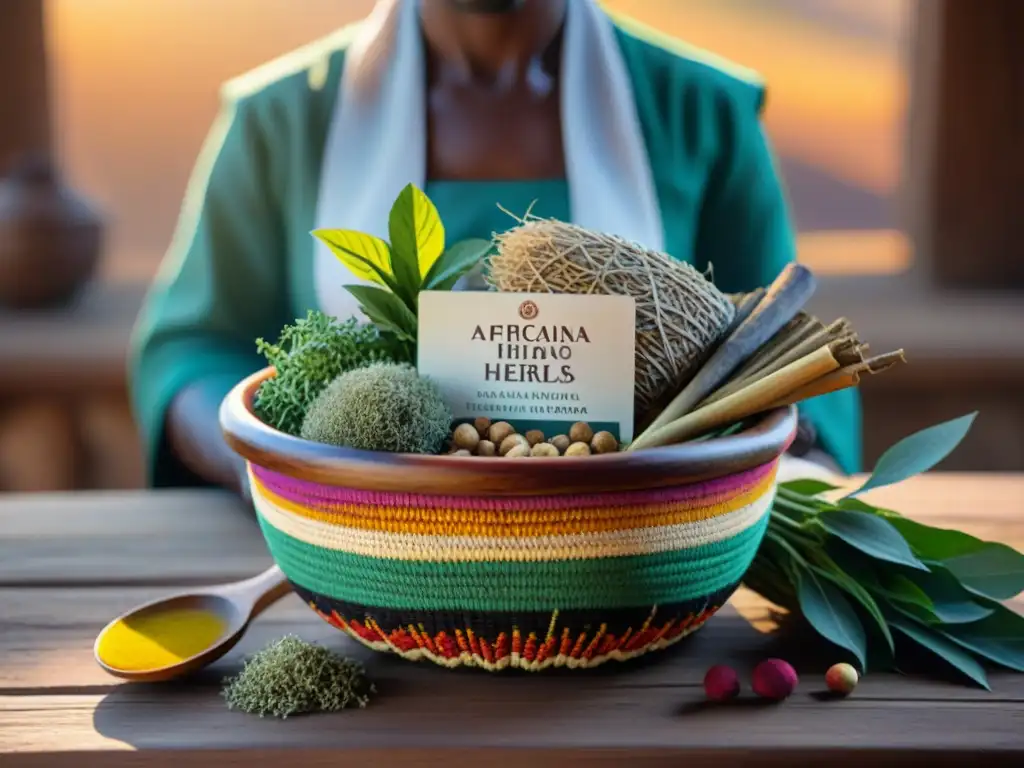 Una cesta con hierbas y raíces africanas en una mesa de madera al atardecer, resaltando la farmacopea tradicional africana