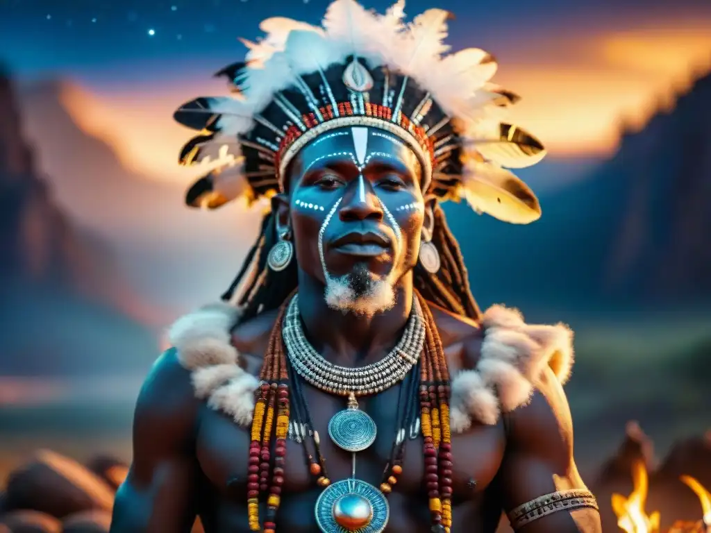 Un chamán africano iluminado por una fogata bajo un cielo estrellado, realizando un ritual rodeado de máscaras y artefactos ceremoniales