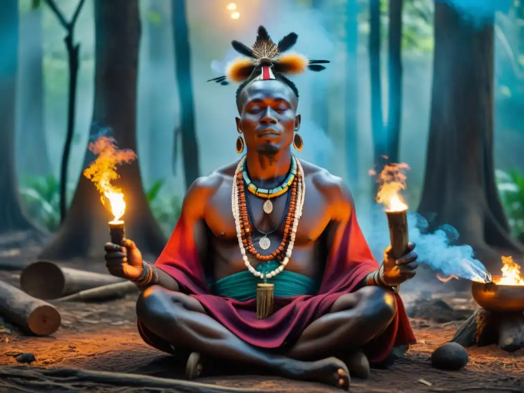 Un chamán africano realiza un ritual espiritual en un bosque místico, iluminado por antorchas