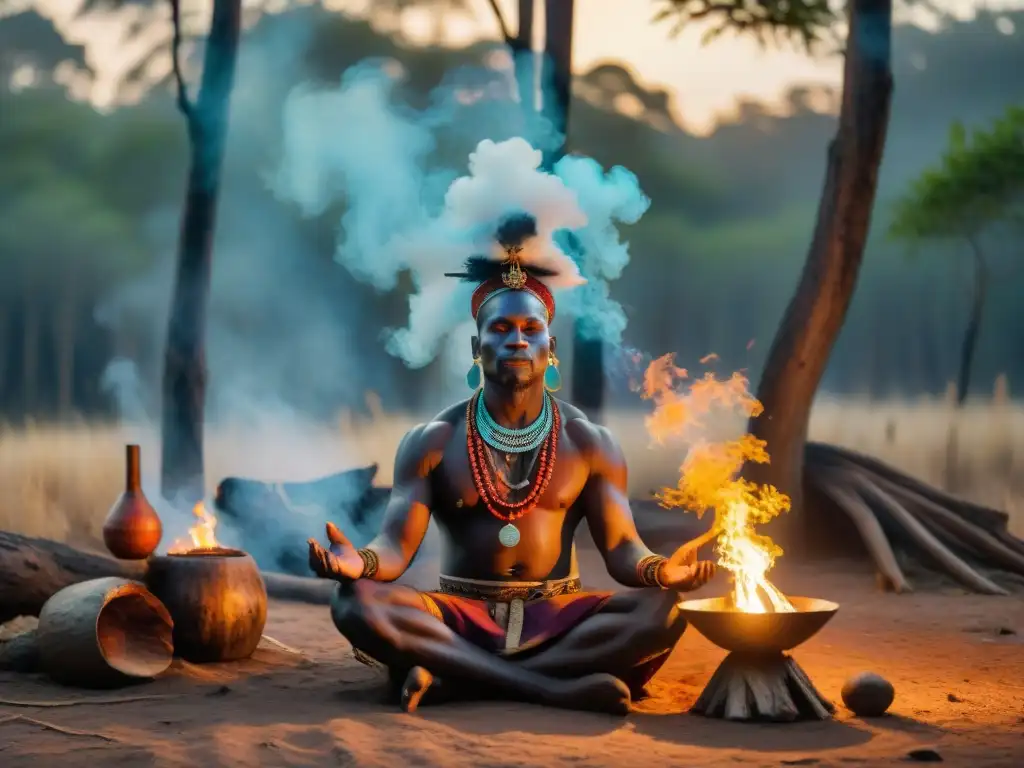 Un chamán africano realiza un ritual espiritual en un bosque místico al anochecer, en conexión con las dimensiones espirituales de África