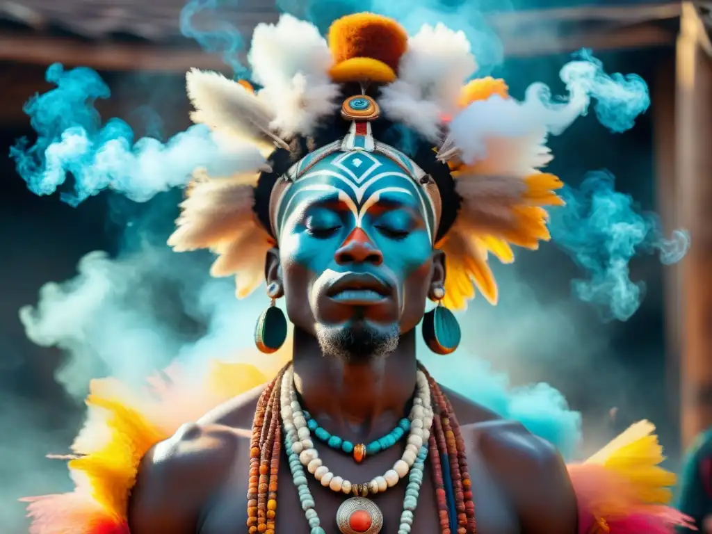Ritual espiritual africano: poder y misticismo Un chamán africano ejecuta un ritual espiritual poderoso, rodeado de colores vibrantes y símbolos intrincados