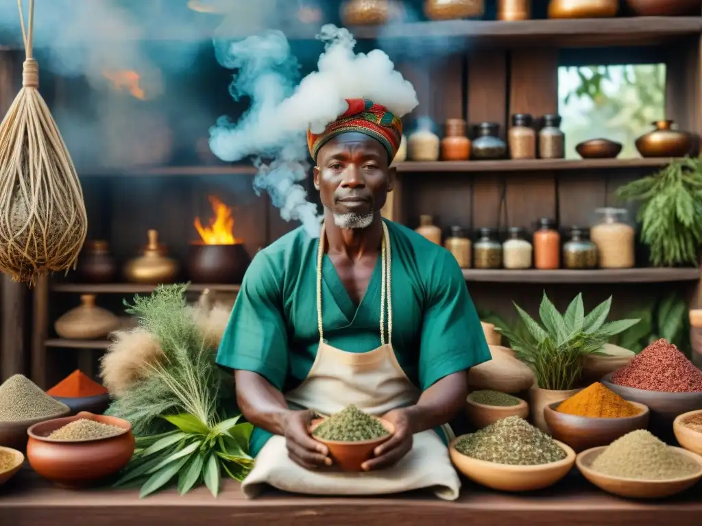 Un chamán africano realiza un ritual en un mercado vibrante, rodeado de hierbas y raíces coloridas