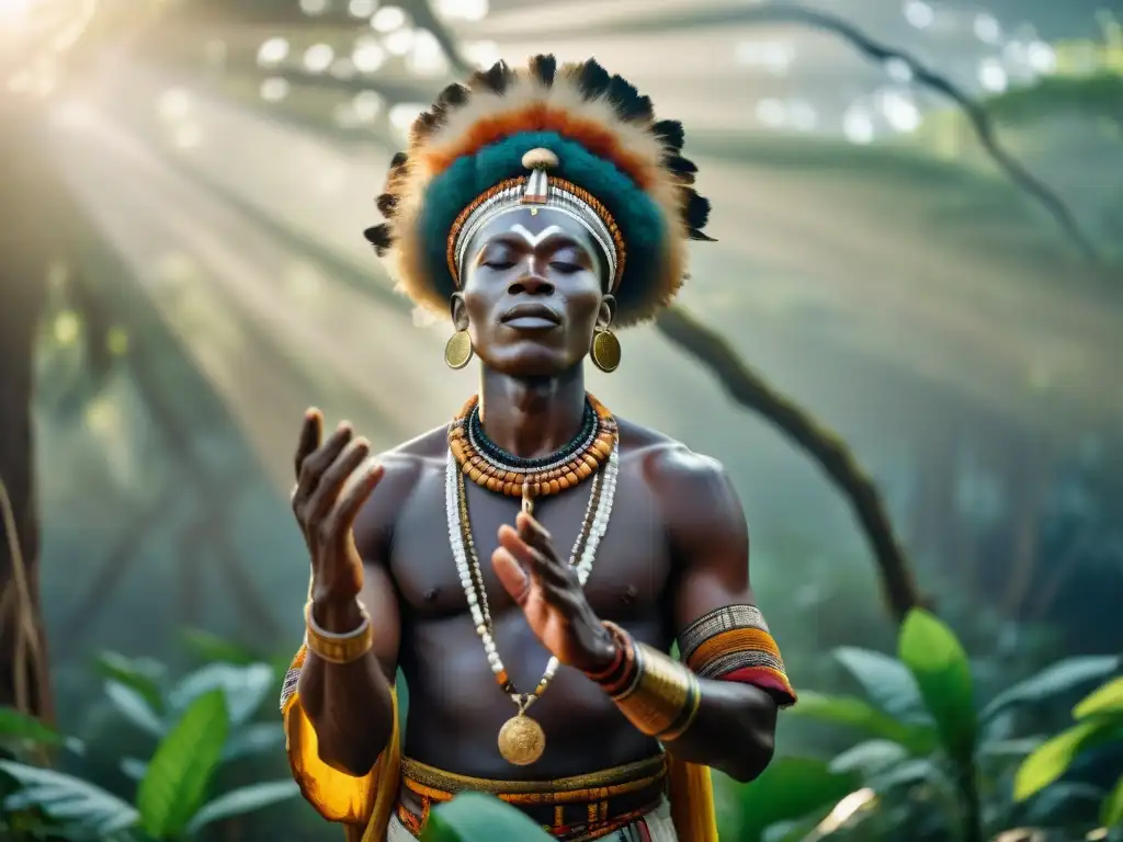 Un chamán africano realiza un ritual sagrado en un bosque místico al amanecer, invocando espíritus