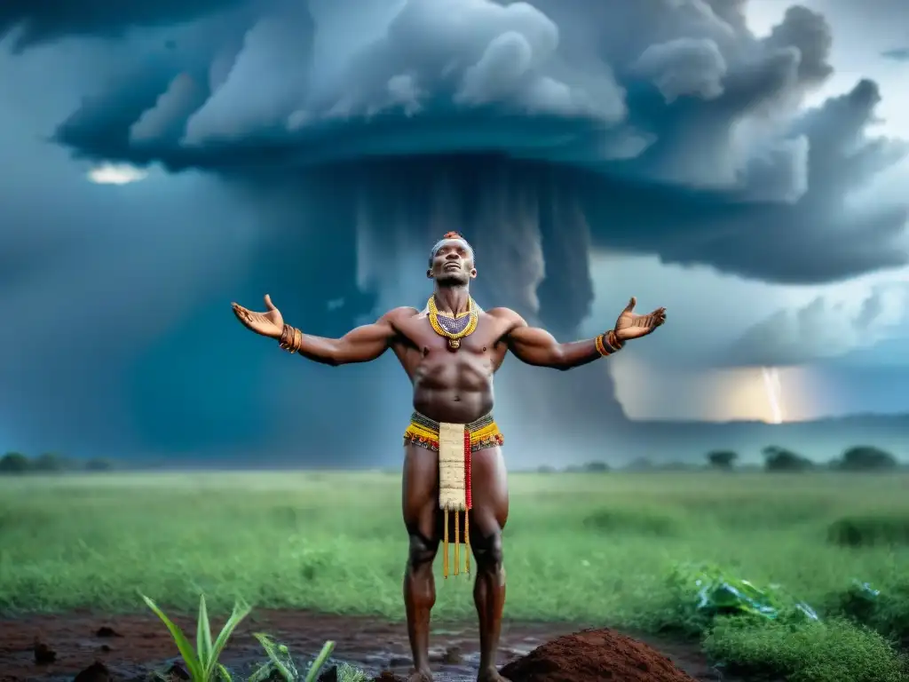 Un chamán de una tribu africana invocando la lluvia en un campo abierto bajo un cielo nublado