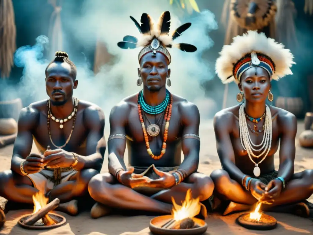 Chamanes africanos en ritual de curación, rodeados de artefactos místicos, danzando alrededor del fuego