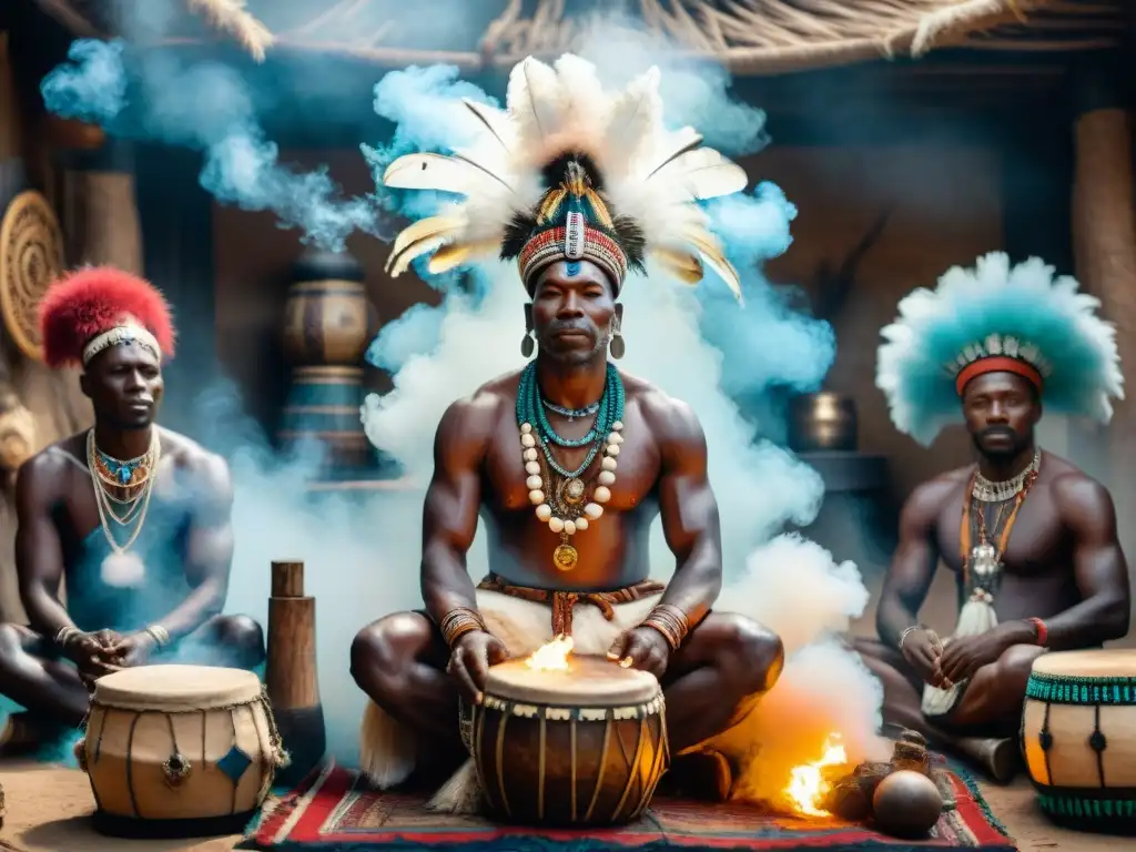 Chamanes en rituales de curación africanos: Imagen detallada de chamanes africanos en ritual de sanación, rodeados de objetos rituales