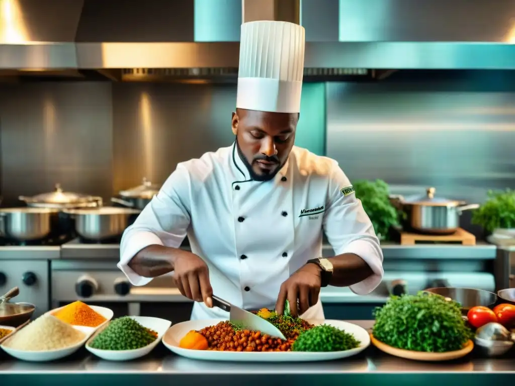 Un chef africano destacado en un restaurante de alta cocina, fusionando ingredientes africanos con técnicas modernas