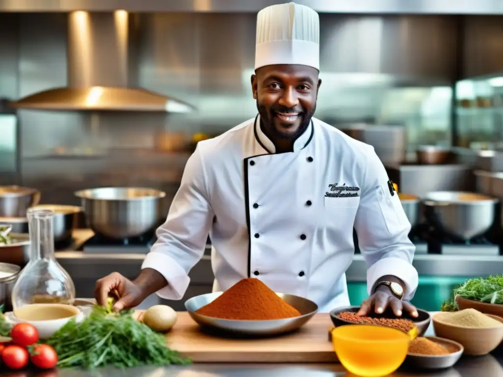 Chef africano fusionando ingredientes con técnicas gourmet en restaurante de alta influencia gastronomía africana