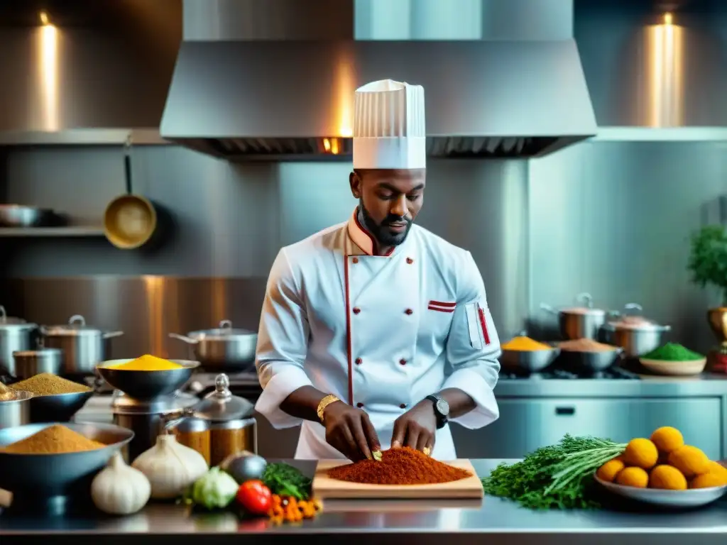 Chef africano fusionando sabores ancestrales en cocina contemporánea