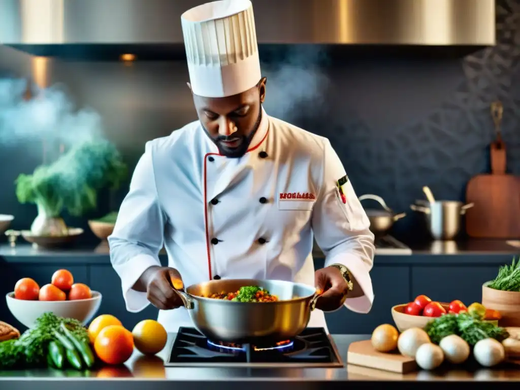 Un chef africano fusiona sabores con maestría en una cocina moderna, rodeado de utensilios tradicionales y ingredientes