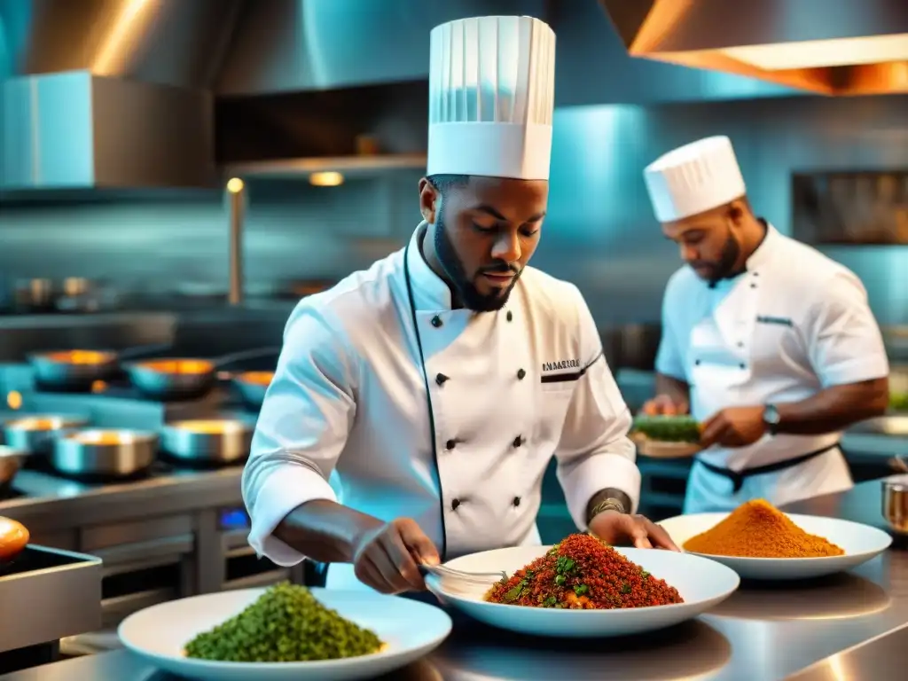 Chef africano fusionando sabores en restaurante de alta cocina, plasmando la influencia gastronómica africana