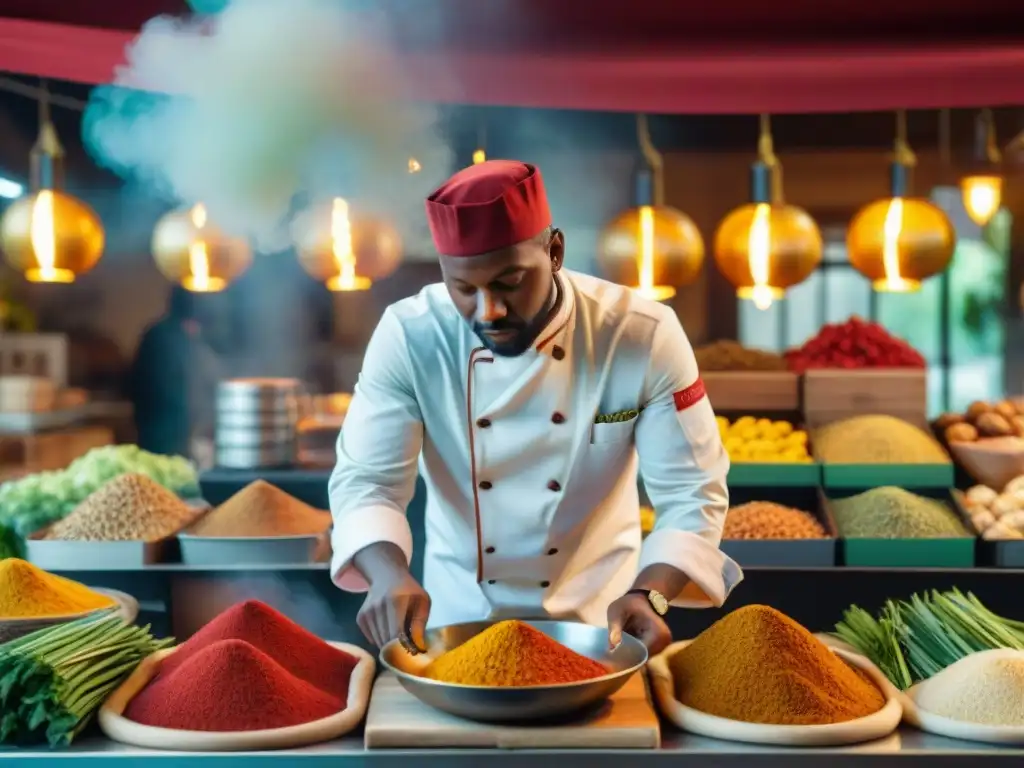 Un chef en un bullicioso mercado africano, preparando una receta tradicional sobre fuego abierto