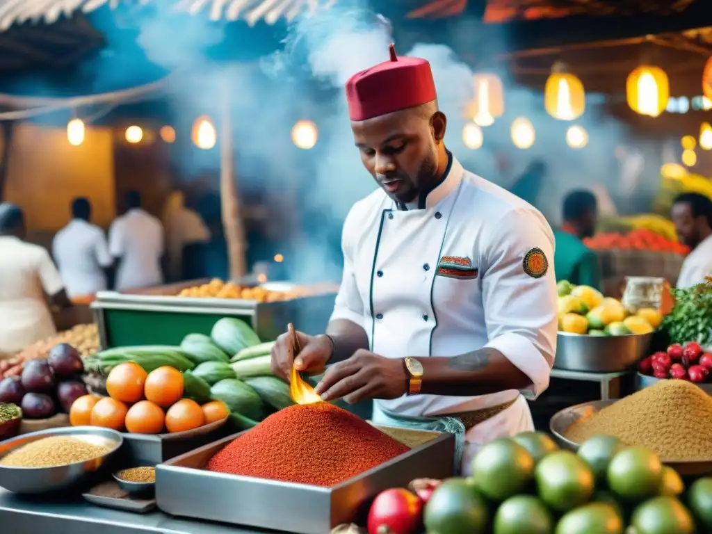 Chef experto en un animado mercado africano, preparando plato tradicional